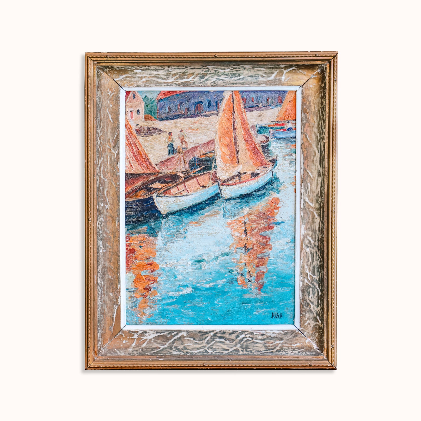 Small French Vintage Oil Painting of Sailing Boats