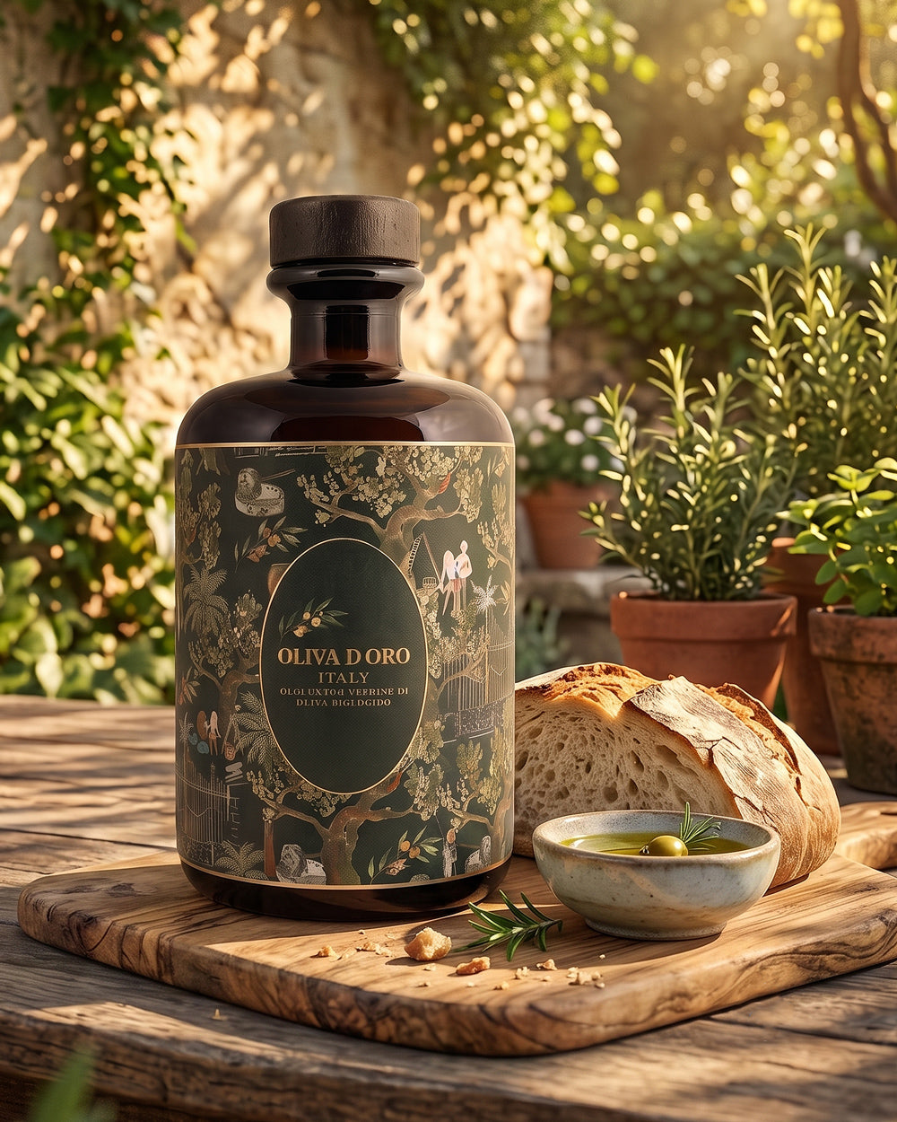 A dark glass bottle of Oliva Doro Extra Virgin Olive Oil sits on a rustic wooden board outdoors, styled with a slice of crusty bread and a small bowl of olive oil and olives. The background features warm sunlight filtering through green ivy and potted plants.