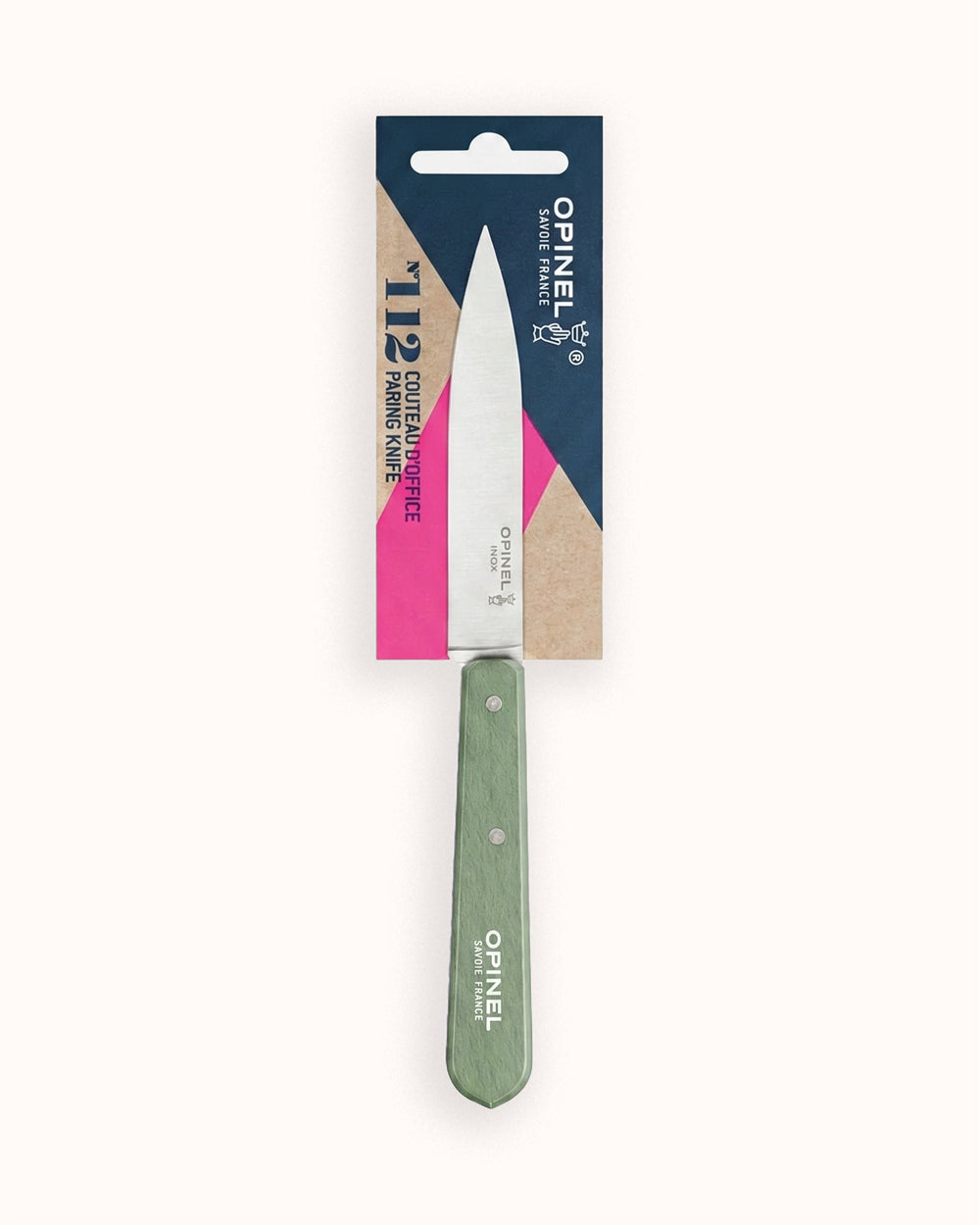 Opinel kitchen knife with sage green handle and silver blade, photographed on a neutral background, part of the kitchenware collection available at Wildschut Antiques.
