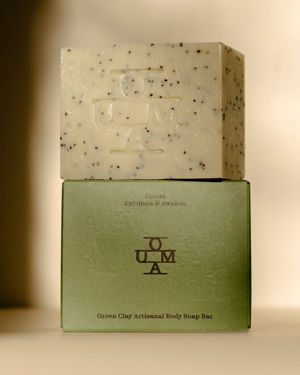 Green Clay Artisanal Body Soap Bar with packaging labeled OUMA on a beige background. Available at Wildschut Antiques & Decor.