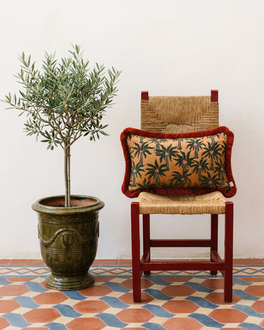 Palm Tree Caramel Pillow with Rust Fringe by Palais