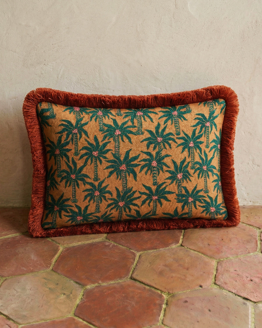 Palm Tree Caramel Pillow with Rust Fringe by Palais