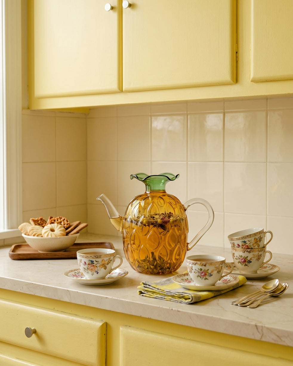 Tea set on a kitchen counter with a yellow cabinet and tiled wall.