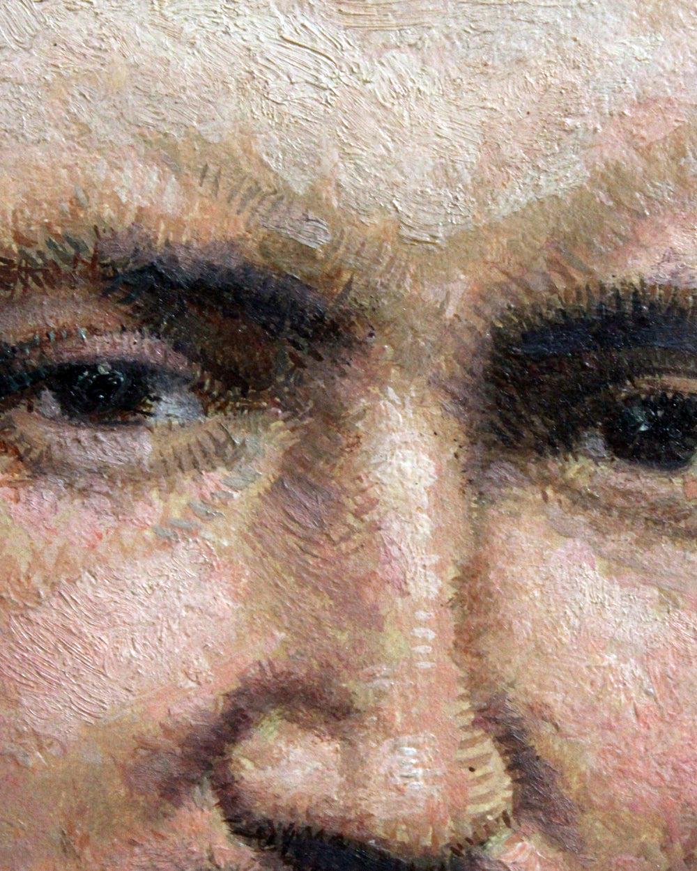 Close-up of a painted portrait showing part of a person's face with visible brushstrokes in beige, pink, brown, and black tones.