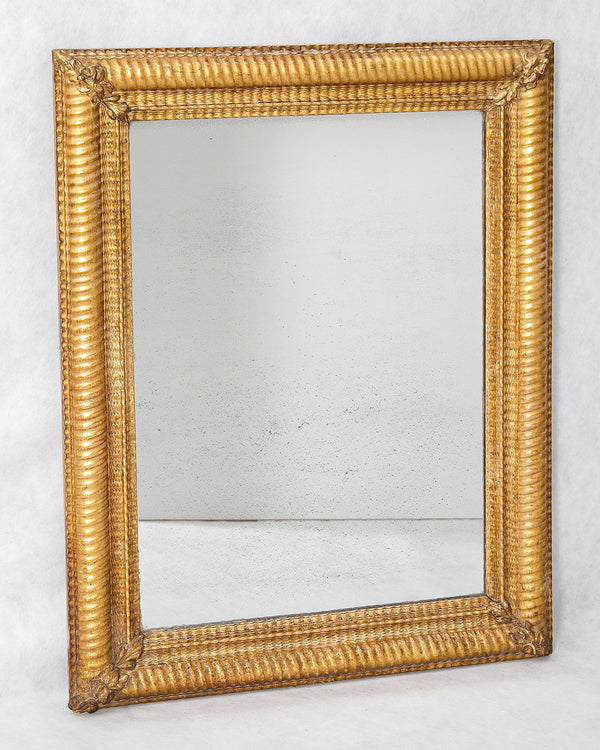 19th C Antique Golden Rectangular Mirror with Ribbed Frame