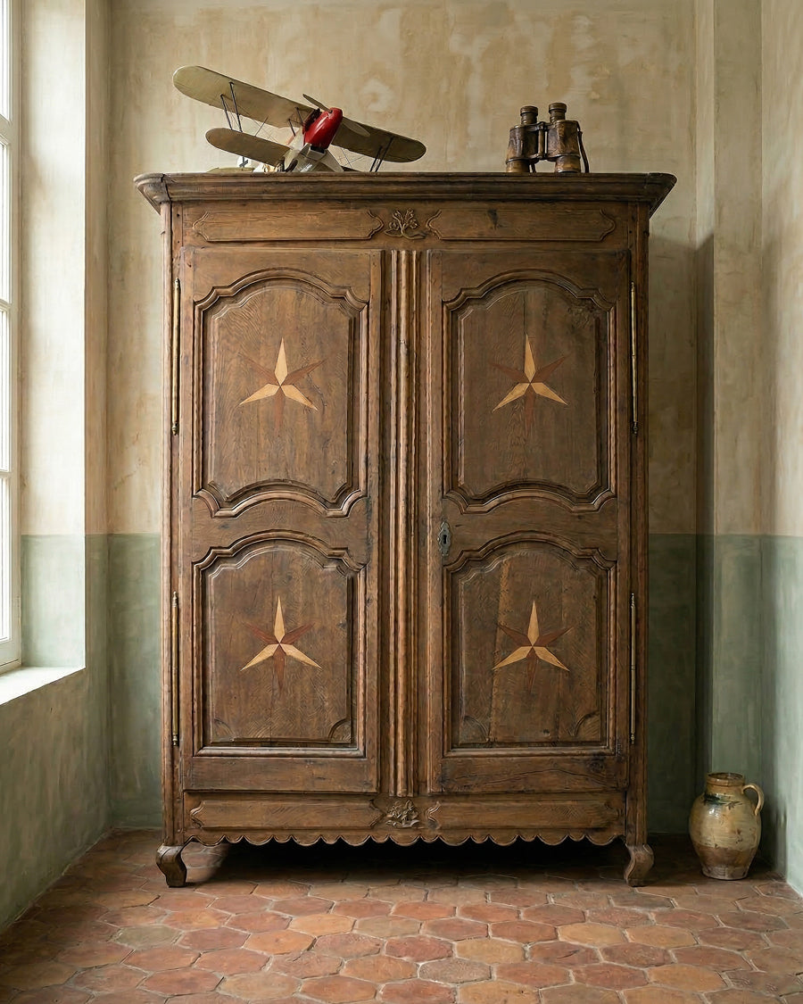 Antique French Louis XV Style Armoire with Star Shaped Inlays