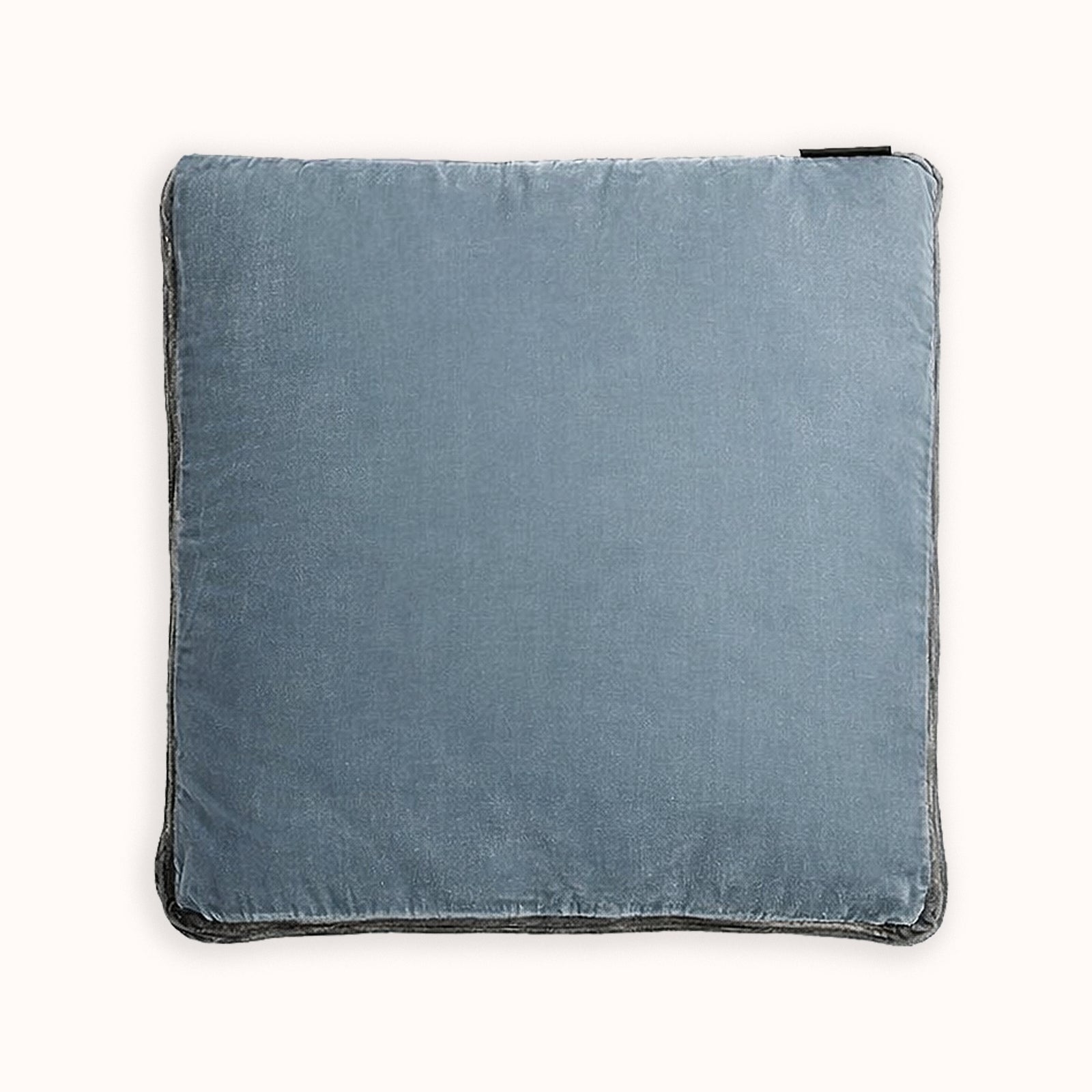 Ice grey blue square cushion in silk velvet velour, on a white background. Model James, designed by Monde Sauvage Paris, available at Wildschut Antiques.