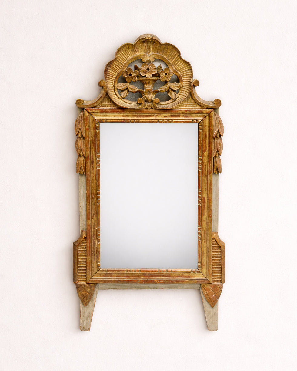 19th C Small Louis XVI Marriage Mirror with Flower Crest