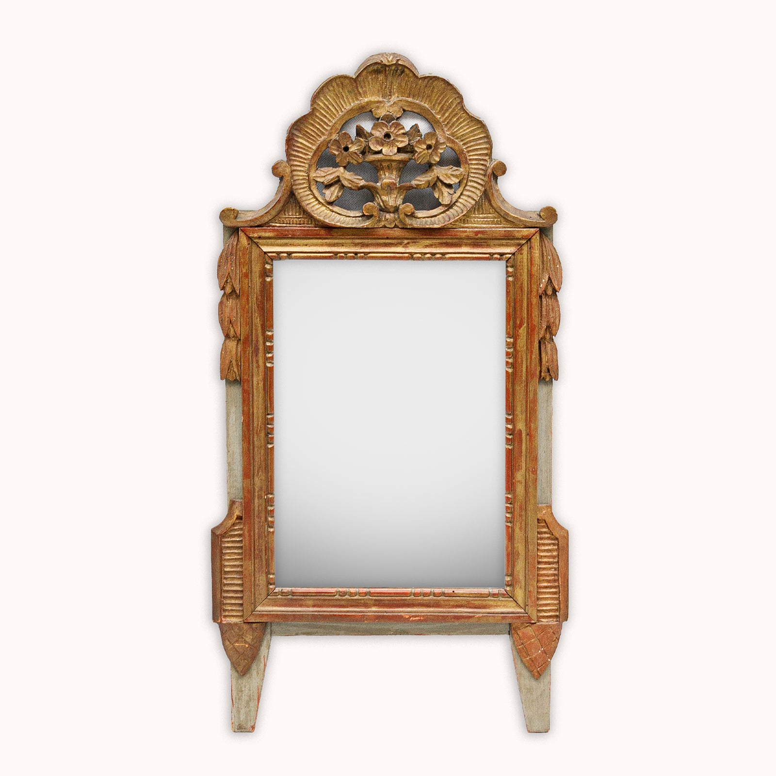 19th C Small Louis XVI Marriage Mirror with Flower Crest