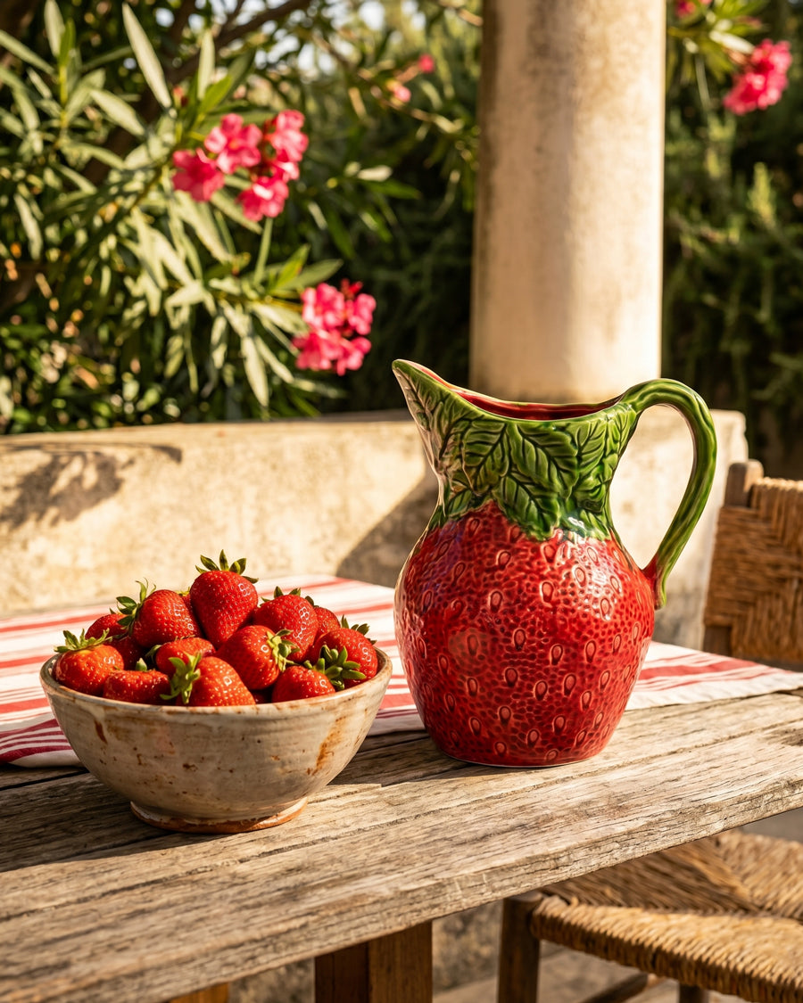 Vintage Italian Majolica Ceramic Strawberry-Shaped Pitcher or Jug