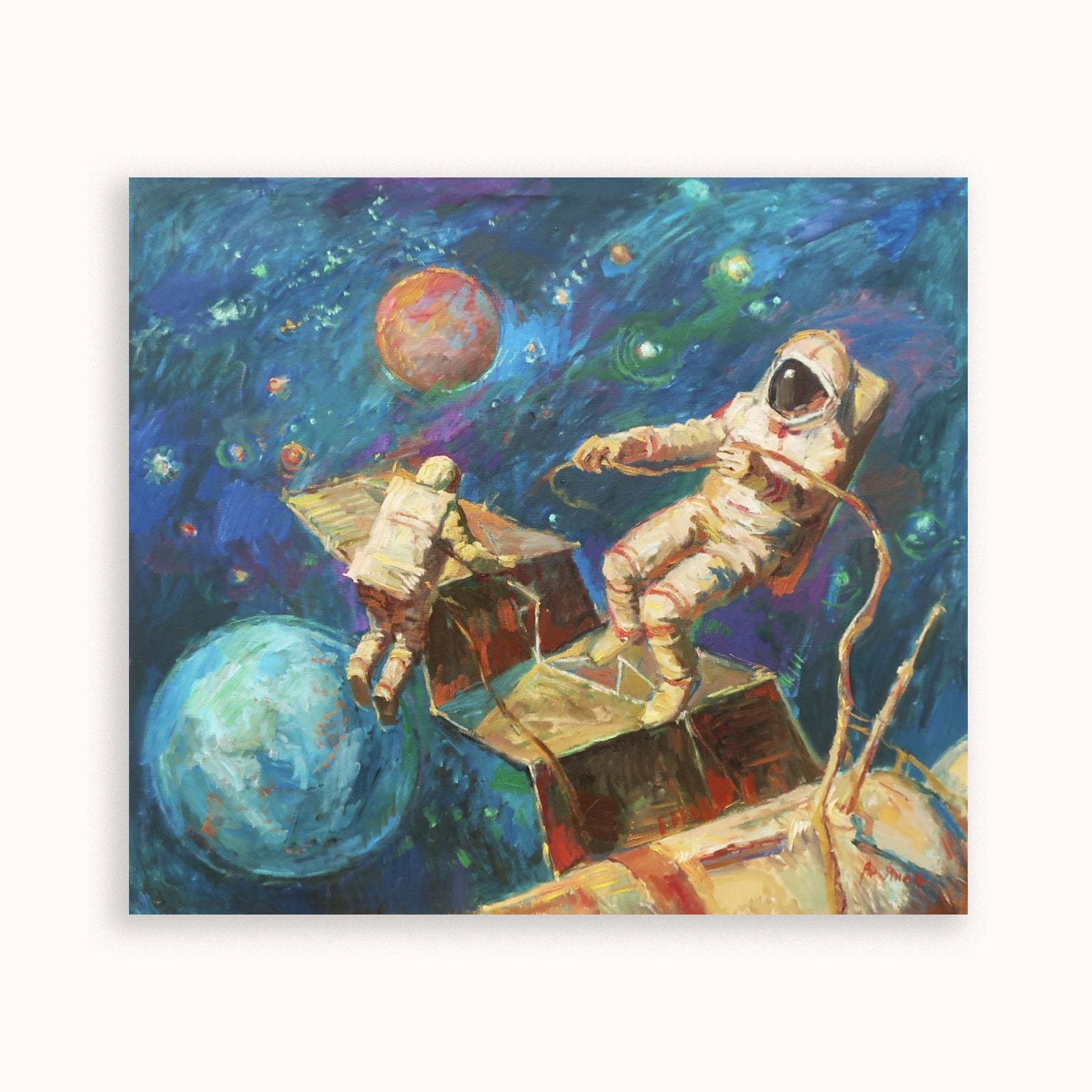 Artistic depiction of astronauts on a space station with planets in the background