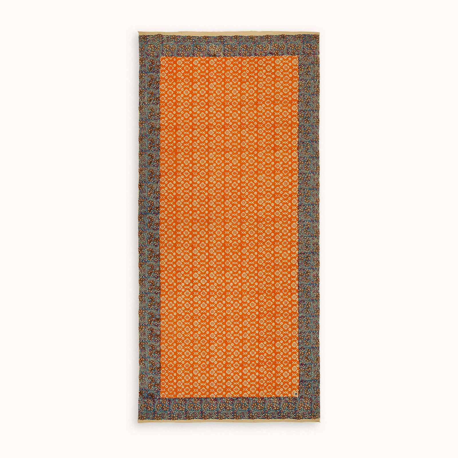 Rectangular orange rug with a dark border on a white background
