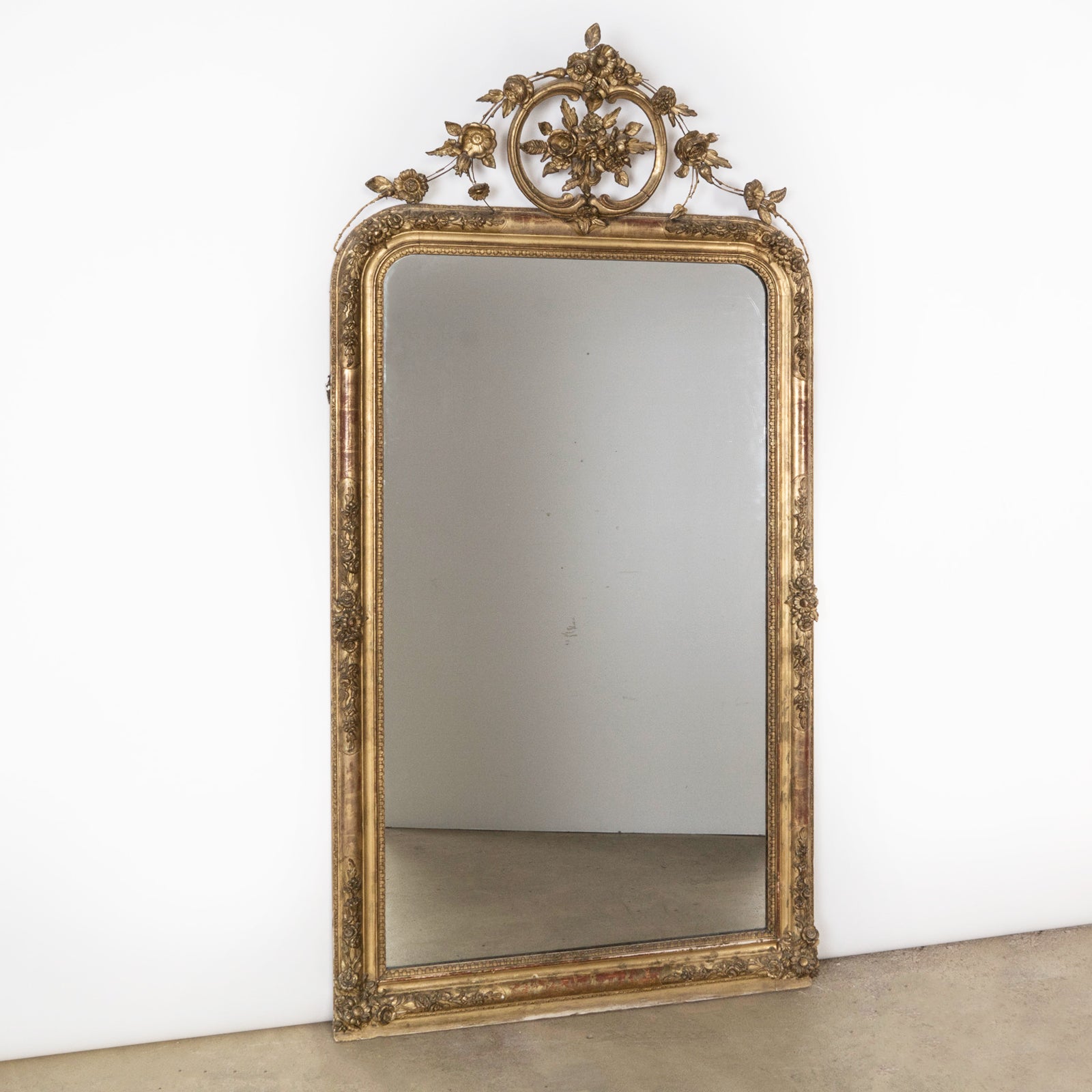 Large 19th C Louis Philippe Mirror with Ornate Flower Crest 