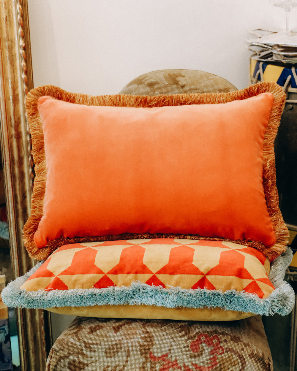 Hand Made Pierre Frey “Comoglio” Pillow with Ochre Fringe Detailing