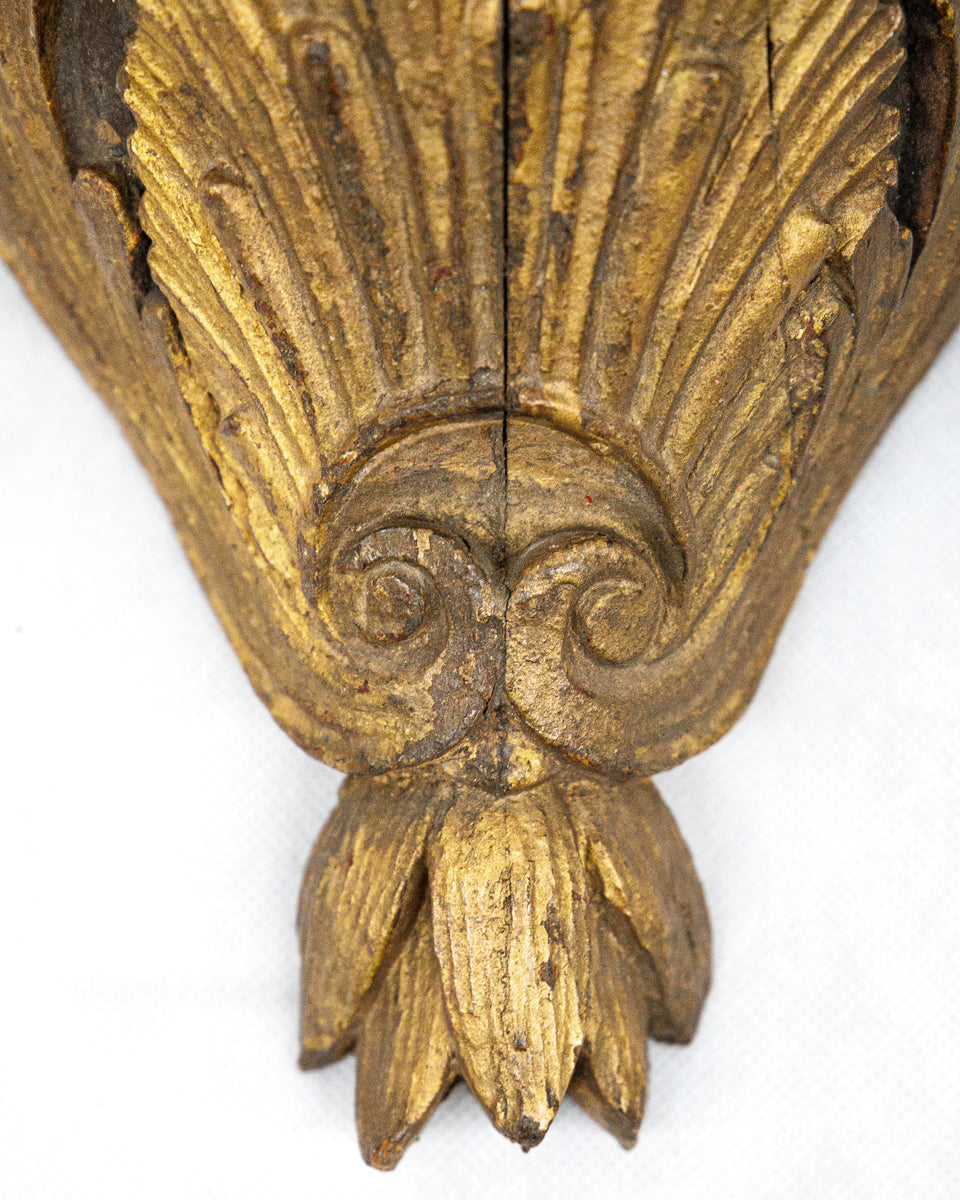 Decorative carved wood with gold leaf design on a white background