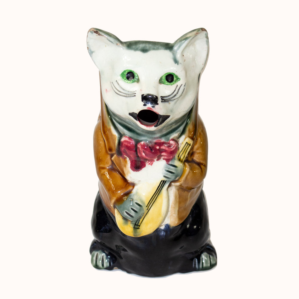 Antique 19th-Century Majolica Ceramic Figural Cat Pitcher